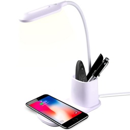 Shop LC Lámpara de escritorio LED con cargador inalámbrico - Lámpara LED 2  en 1 de escritorio y lámpara de carga con cable USB y 3 modos de brillo de