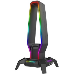 SOPORTE PARA AURICULARES TIPO VINCHA CON 3 PUERTOS EN HUB USB 2.0 LUCES LED RGB PUERTO DE AUDIO JACK