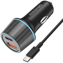 CARGADOR DE AUTO 12V 24V + CABLE TIPO C 52.5W 2 PUERTOS USB 1 QC 22.5W 1 USB-C PD 30W CARGA RAPIDA