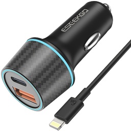 CARGADOR DE AUTO 12V 24V + CABLE IPHONE 52.5W 2 PUERTOS USB 1 QC 22.5W 1 USB-C PD 30W CARGA RAPIDA