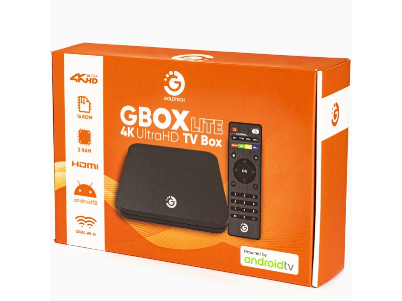 SMART TV BOX 4K GBOX ANDROID 10 QUAD CORE 16GB ROM Y 2GB RAM CON CONTROL REMOTO GOLDTECH